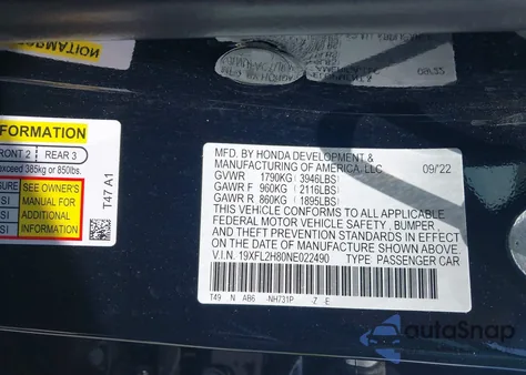 2022 Honda Civic Sport from USA, damaged, VIN 19XFL2H80NE022490